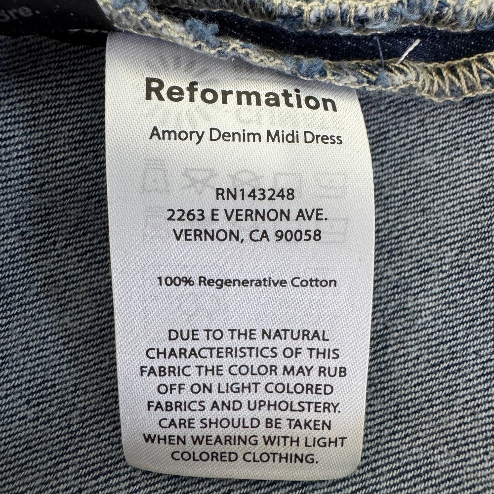 Reformation Amory Denim Midi Dress 10 Blue Dark Wash Sustainable Cottagecore - Picture 13 of 14